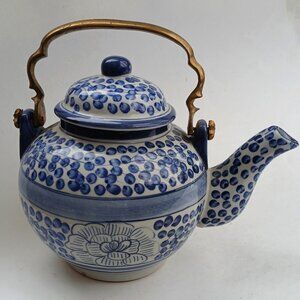 Oriental Style Blue & White Porcelain Teapot With Brass Handle Not Used VTG
